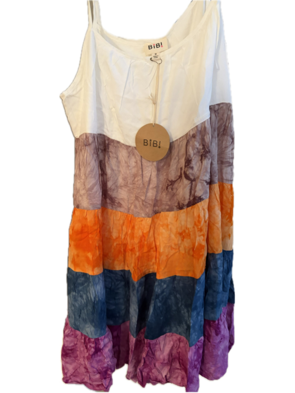 BiB! Midi Dress Size M White Multi-color Tie-Dye Tiered